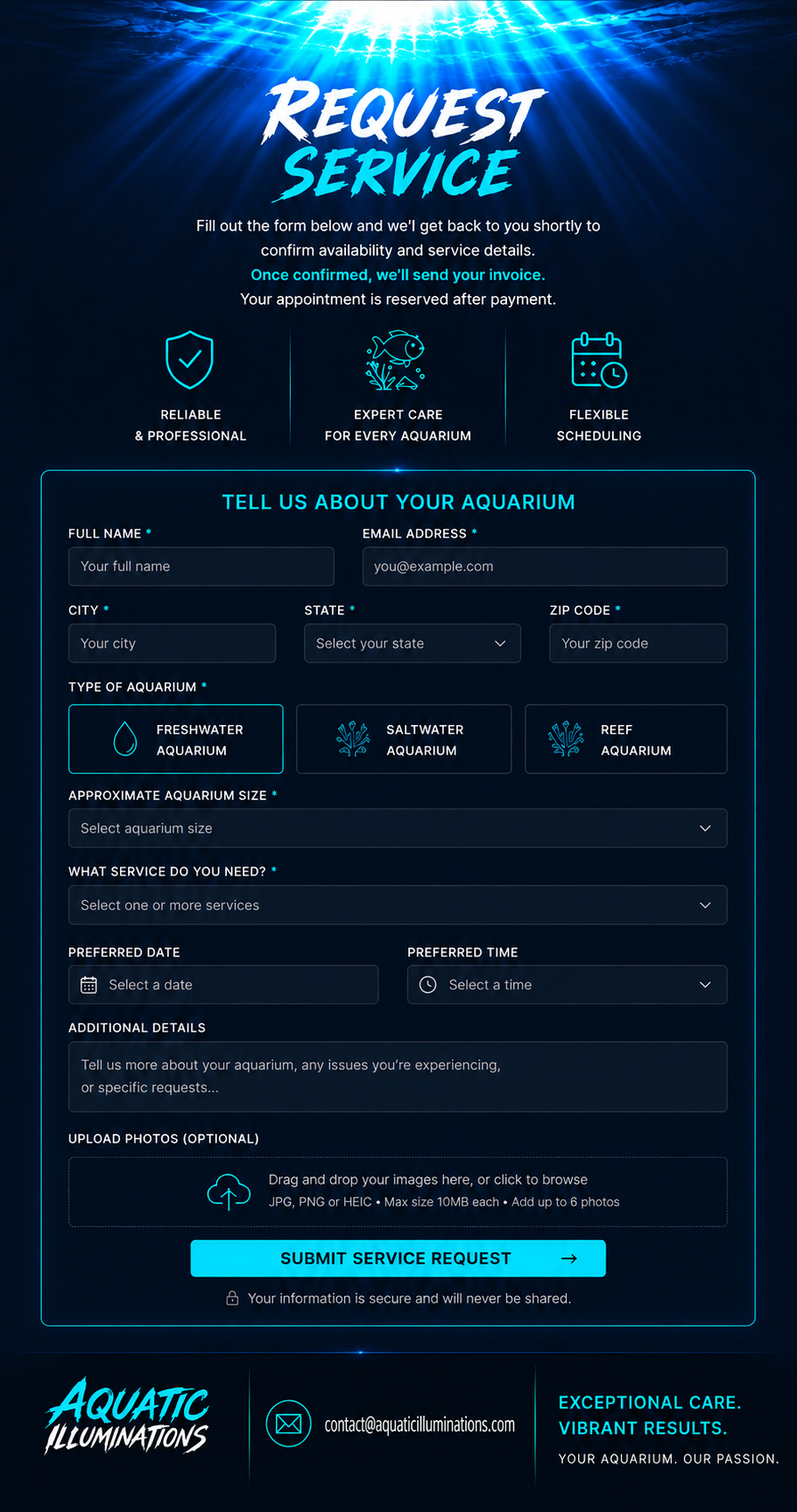 Aquatic Illuminations request service form for professional aquarium service in South Florida